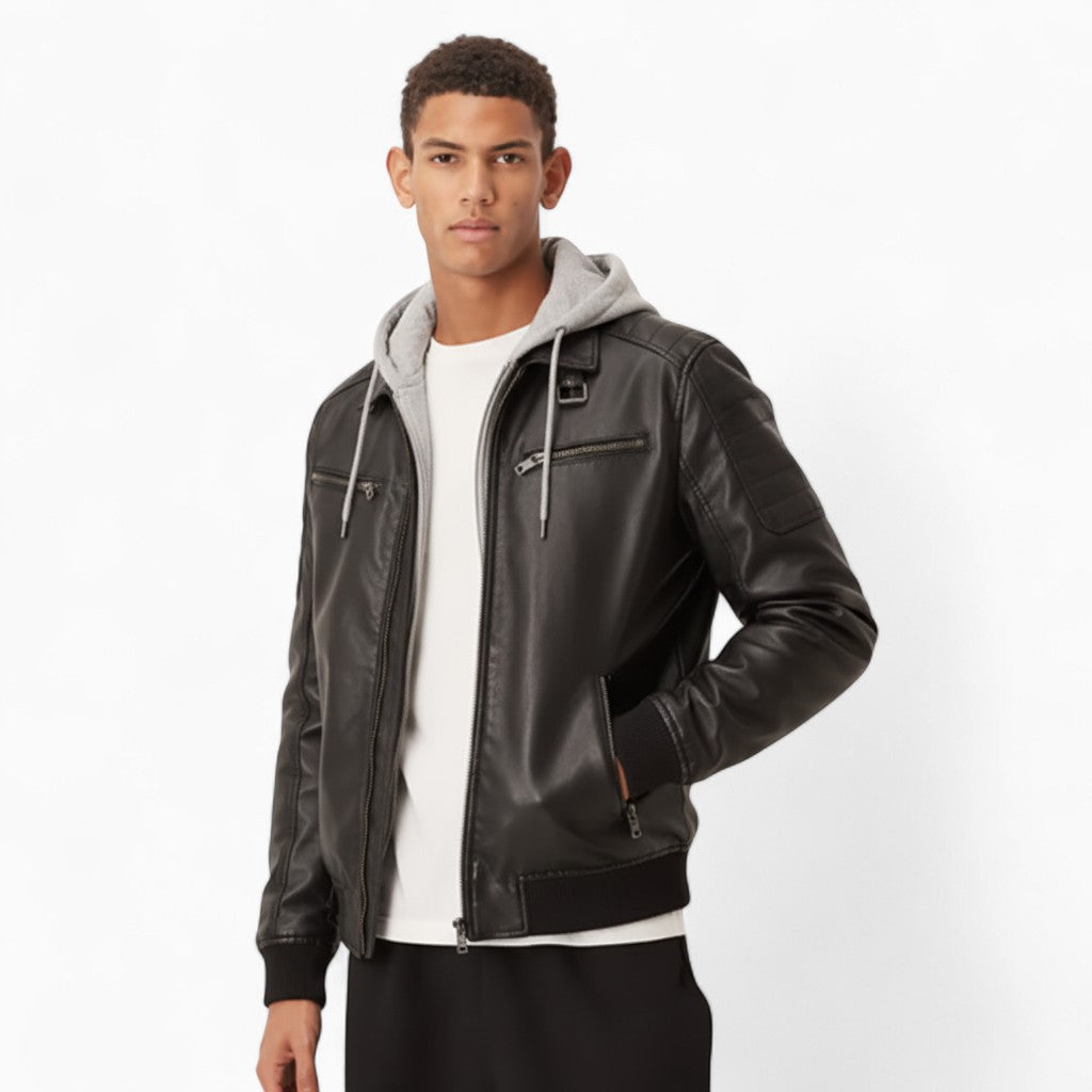 DARREN Faux Leather Jacket Asymmetrical Zipper Hoodie