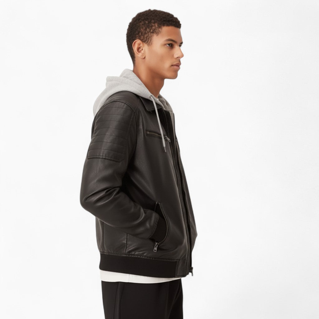 DARREN Faux Leather Jacket Asymmetrical Zipper Hoodie