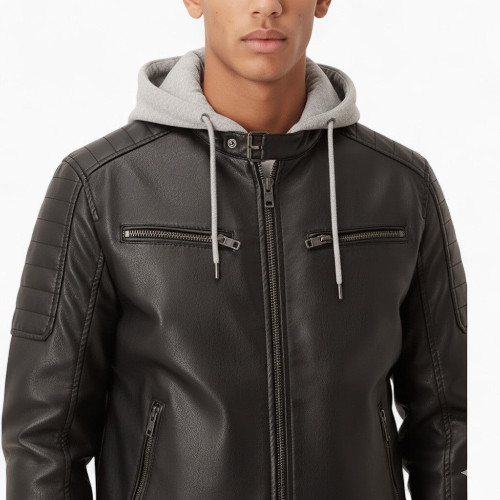 DARREN Faux Leather Jacket Asymmetrical Zipper Hoodie