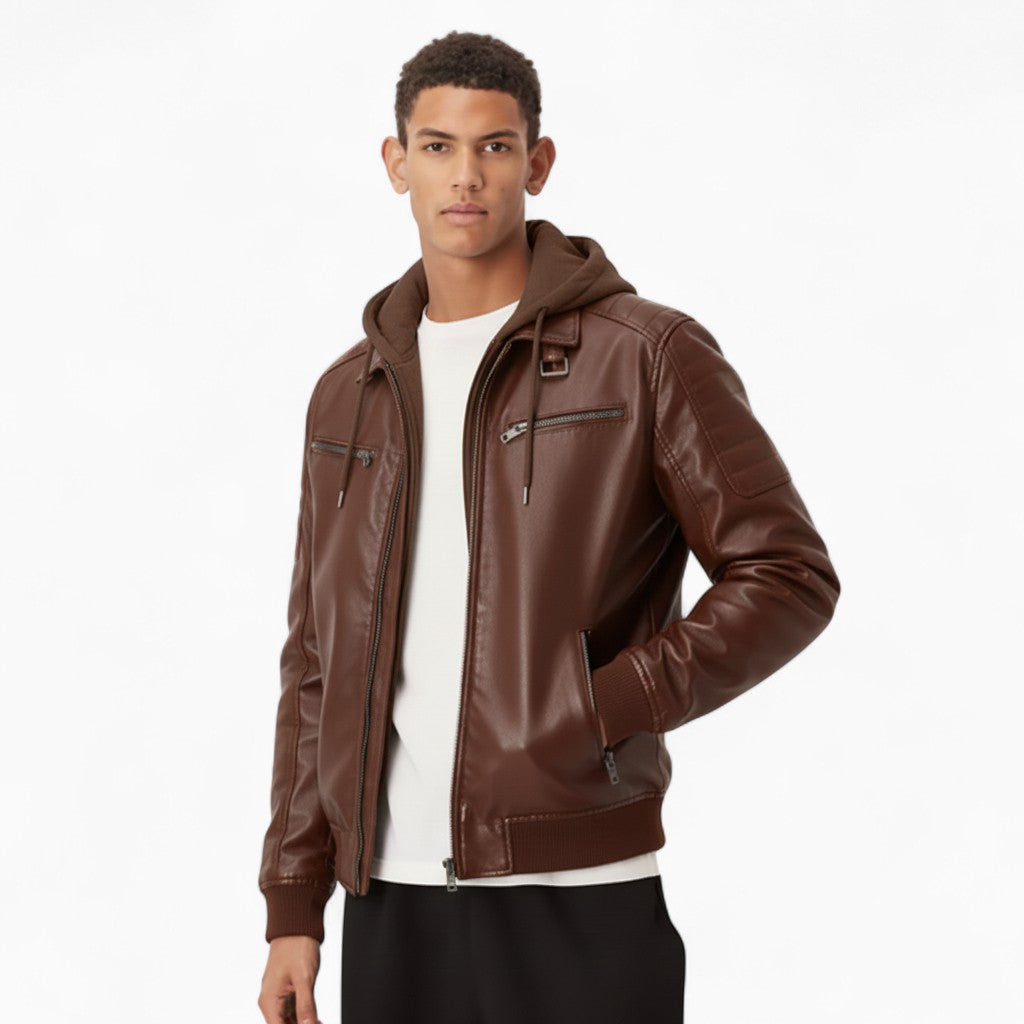 DARREN Faux Leather Jacket Asymmetrical Zipper Hoodie